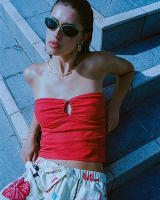 Billabong Lottie Hall Splasher Knit Tube True Red, fitted crinkle jersey tube top with shelf bra and dolphin charm.