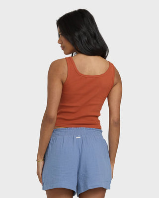 Billabong Goddess Knit Tank in Sedona brown with fitted rib fabric and scoop neckline.