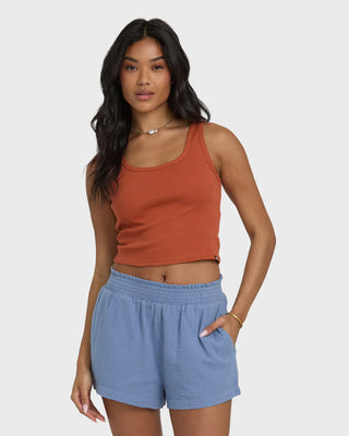 Billabong Goddess Knit Tank in Sedona brown with fitted rib fabric and scoop neckline.