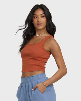 Billabong Goddess Knit Tank in Sedona brown with fitted rib fabric and scoop neckline.