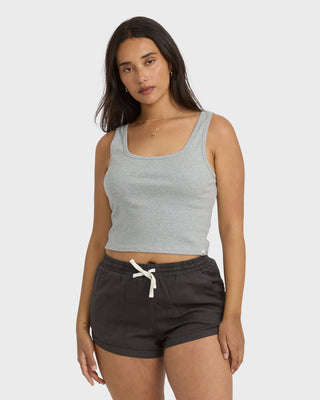 Billabong Goddess Knit Tank in Heather Gray, fitted cotton rib tank with scoop neckline, soft texture, and woven label.