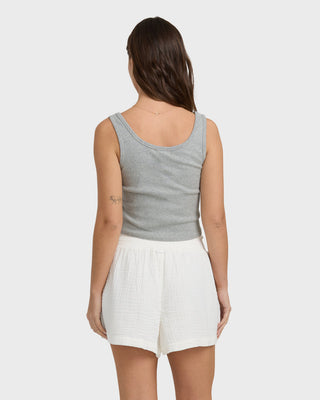 Billabong Goddess Knit Tank in Heather Gray, fitted cotton rib tank with scoop neckline, soft texture, and woven label.