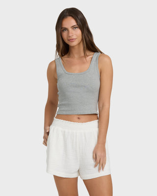 Billabong Goddess Knit Tank in Heather Gray, fitted cotton rib tank with scoop neckline, soft texture, and woven label.