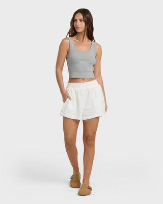Billabong Goddess Knit Tank in Heather Gray, fitted cotton rib tank with scoop neckline, soft texture, and woven label.