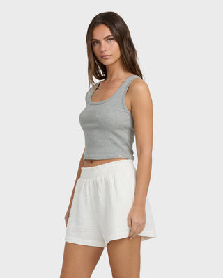 Billabong Goddess Knit Tank in Heather Gray, fitted cotton rib tank with scoop neckline, soft texture, and woven label.