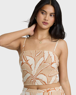 Billabong Tropic Breeze Woven Tank in Stone, fitted cropped top with smocked bodice and textured slub fabric.