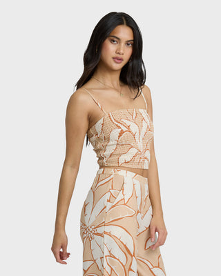 Billabong Tropic Breeze Woven Tank in Stone, fitted cropped top with smocked bodice and textured slub fabric.