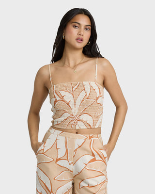 Billabong Tropic Breeze Woven Tank in Stone, fitted cropped top with smocked bodice and textured slub fabric.