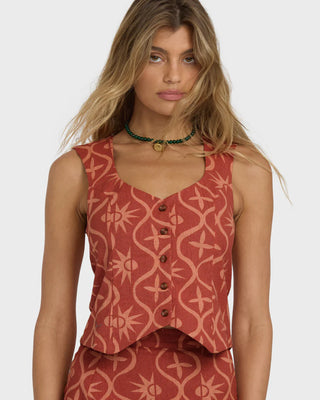 Billabong Sunny Waves Vest in dark coral with button front, waist ties, and relaxed cotton-linen fit.