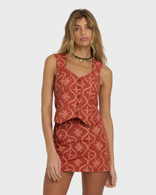 Billabong Sunny Waves Vest in dark coral with button front, waist ties, and relaxed cotton-linen fit.