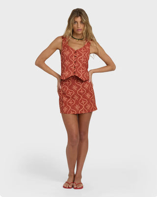 Billabong Sunny Waves Vest in dark coral with button front, waist ties, and relaxed cotton-linen fit.