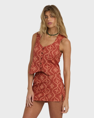Billabong Sunny Waves Vest in dark coral with button front, waist ties, and relaxed cotton-linen fit.