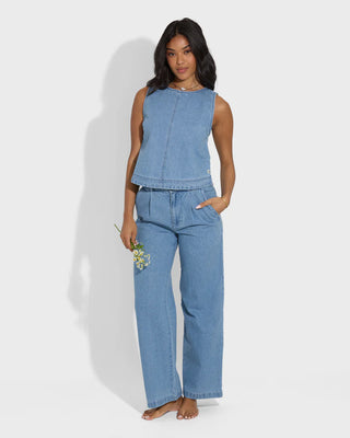 Billabong Wave Washed Pant in salt blue denim with wide leg, fitted waist, and full-length design.