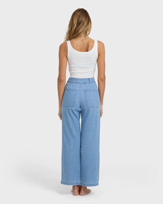 Billabong Wave Washed Pant in salt blue denim with wide leg, fitted waist, and full-length design.
