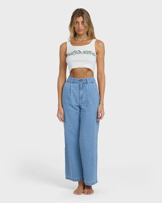 Billabong Wave Washed Pant in salt blue denim with wide leg, fitted waist, and full-length design.