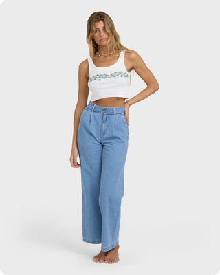Billabong Wave Washed Pant in salt blue denim with wide leg, fitted waist, and full-length design.