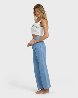 Billabong Wave Washed Pant in salt blue denim with wide leg, fitted waist, and full-length design.