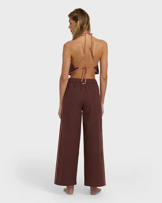 Billabong Double Take Pant in teak with elastic waist, drawcord, and contrast side binding.