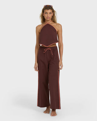 Billabong Double Take Pant in teak with elastic waist, drawcord, and contrast side binding.