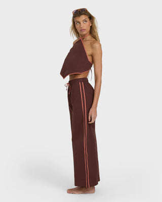 Billabong Double Take Pant in teak with elastic waist, drawcord, and contrast side binding.