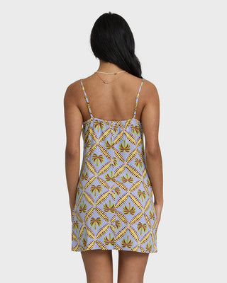 Billabong Tidal Crush Mini Dress in Twilight Blue, viscose poplin with front hem split and metal logo plate detail.