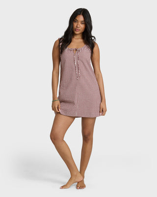 Billabong Sweet As Ever Mini Dress Red Dahlia, cotton seersucker with self-tie neckline and yard check pattern.