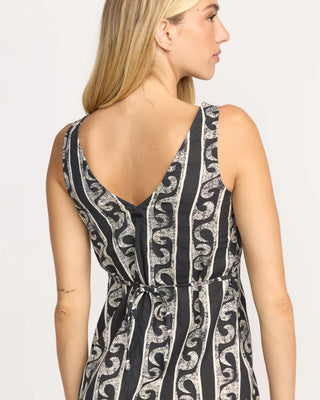 Billabong Morning Swell Mini Dress in Black Sands with v-neck and back waist tie.