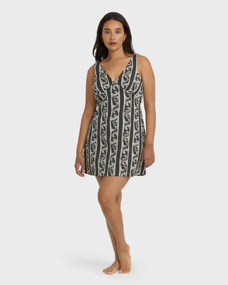 Billabong Morning Swell Mini Dress in Black Sands with v-neck and back waist tie.
