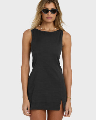 Billabong Your Time Dress in Black Sands, cotton-viscose blend mini dress with low back, notched hem, and back zipper.