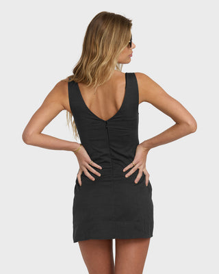 Billabong Your Time Dress in Black Sands, cotton-viscose blend mini dress with low back, notched hem, and back zipper.