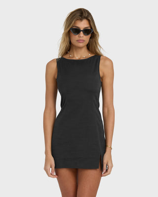 Billabong Your Time Dress in Black Sands, cotton-viscose blend mini dress with low back, notched hem, and back zipper.