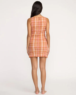Billabong Check Me Out Dress in Sunburnt with smocked stretch fit.
