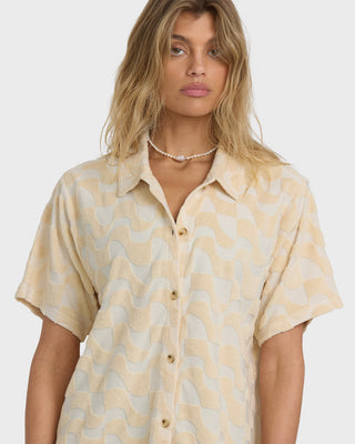 Billabong Laura Waves Shirt Dress White, cotton-poly terry shirt dress with collar and button-front design.