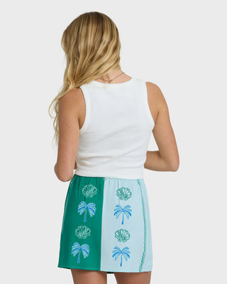 Billabong Vacay Dreams Skirt in Pool Blue, viscose poplin mini skirt with elastic waist and metal logo plate detail.