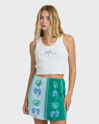 Billabong Vacay Dreams Skirt in Pool Blue, viscose poplin mini skirt with elastic waist and metal logo plate detail.