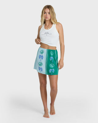 Billabong Vacay Dreams Skirt in Pool Blue, viscose poplin mini skirt with elastic waist and metal logo plate detail.