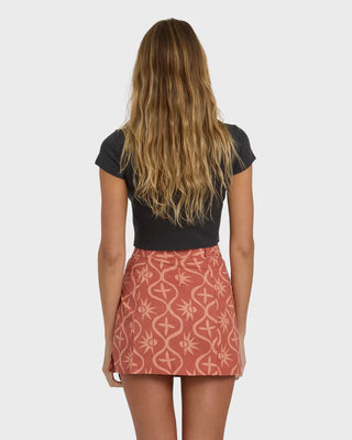 Billabong Wave Washed Printed Skirt in dark coral with front notch and body-skimming cotton-linen fit.