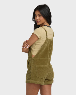 Billabong Wild Pursuit Cord Overall in Martini Olive cotton corduroy with multiple pockets and metal plate.
