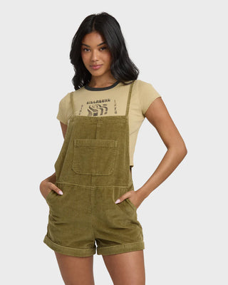 Billabong Wild Pursuit Cord Overall in Martini Olive cotton corduroy with multiple pockets and metal plate.