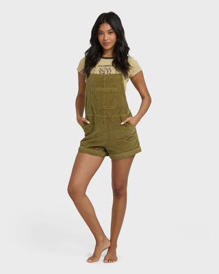 Billabong Wild Pursuit Cord Overall in Martini Olive cotton corduroy with multiple pockets and metal plate.