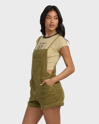 Billabong Wild Pursuit Cord Overall in Martini Olive cotton corduroy with multiple pockets and metal plate.
