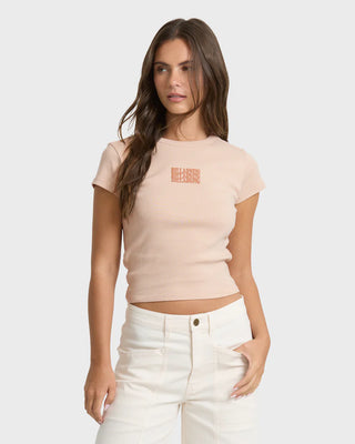 Billabong Triple Stacked Short Sleeve Tee in Oatmeal - snug fit goddess tee with crew neck and screen print design