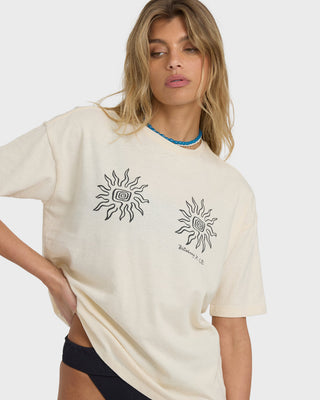 Billabong Laura Short Sleeve Tee in White, oversized cotton jersey crewneck with vintage wash and screen-printed graphic.