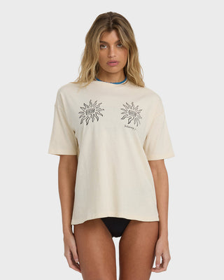 Billabong Laura Short Sleeve Tee in White, oversized cotton jersey crewneck with vintage wash and screen-printed graphic.