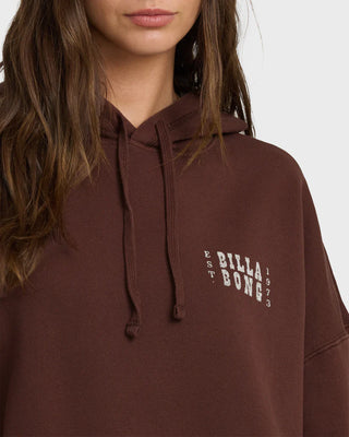 Billabong Sun & Waves Hoodie Teak with oversized fit, fleece interior, front and back graphics, and kangaroo pocket.
