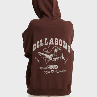 Billabong Sun & Waves Hoodie Teak with oversized fit, fleece interior, front and back graphics, and kangaroo pocket.