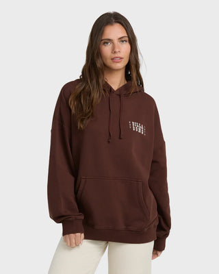 Billabong Sun & Waves Hoodie Teak with oversized fit, fleece interior, front and back graphics, and kangaroo pocket.