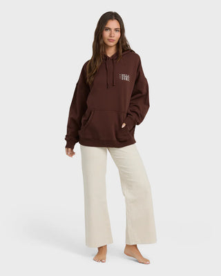 Billabong Sun & Waves Hoodie Teak with oversized fit, fleece interior, front and back graphics, and kangaroo pocket.