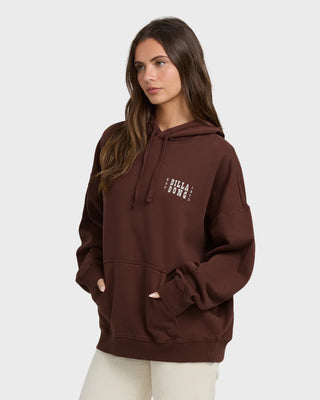 Billabong Sun & Waves Hoodie Teak with oversized fit, fleece interior, front and back graphics, and kangaroo pocket.
