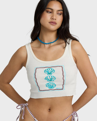 Billabong Wind Drifter Tank in White Cap, snug fit cotton rib tank with scoop neck and screen print.